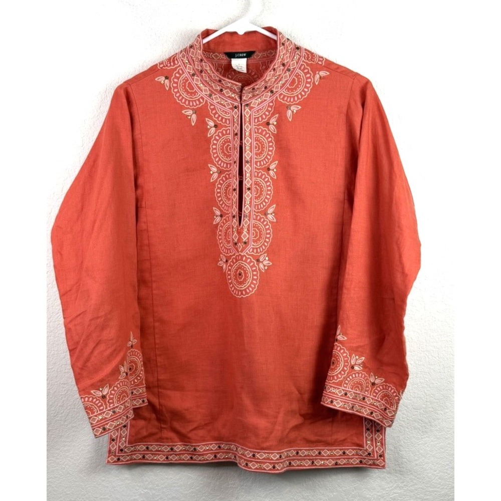 J.Crew 100% Linen Embroidered Tunic Women's L Coral Sequin Boho Popover Peasant